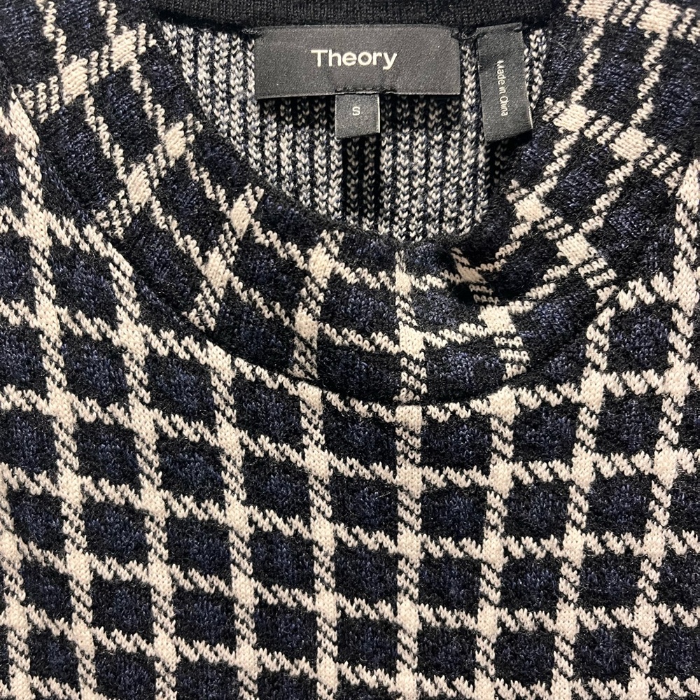 Women's 100%wool Theory Checked sleeveless sweater Vest Navy Soft Luster,Size S. - Picture 3 of 7